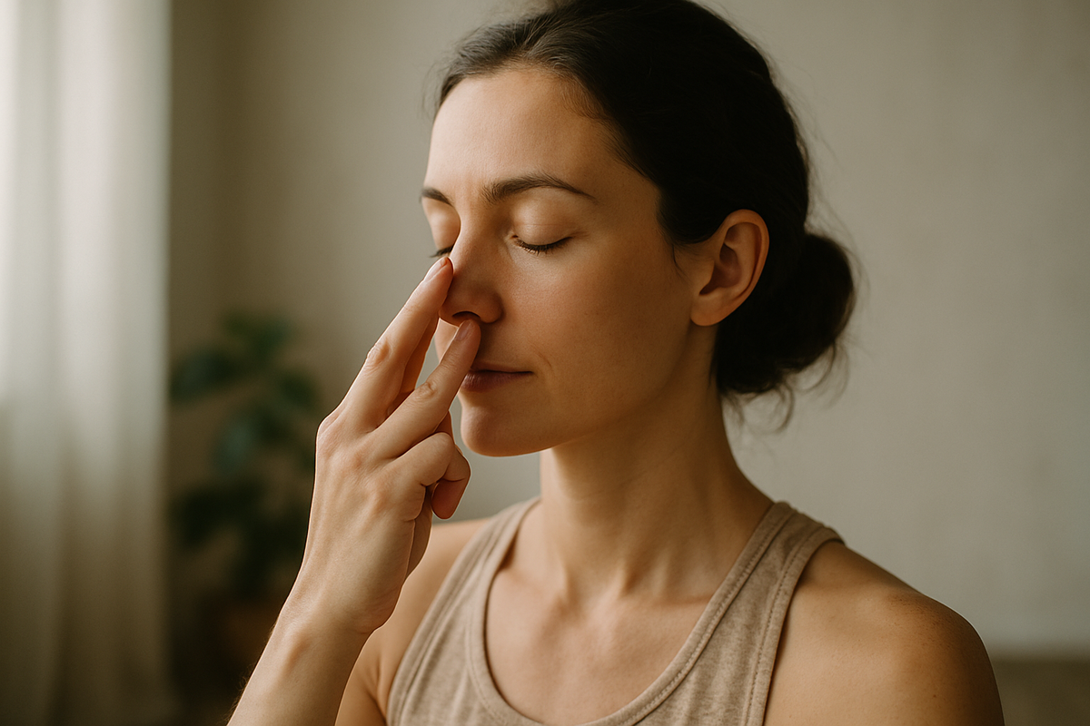 A person practising nadi shodhana alternate nostril breathing