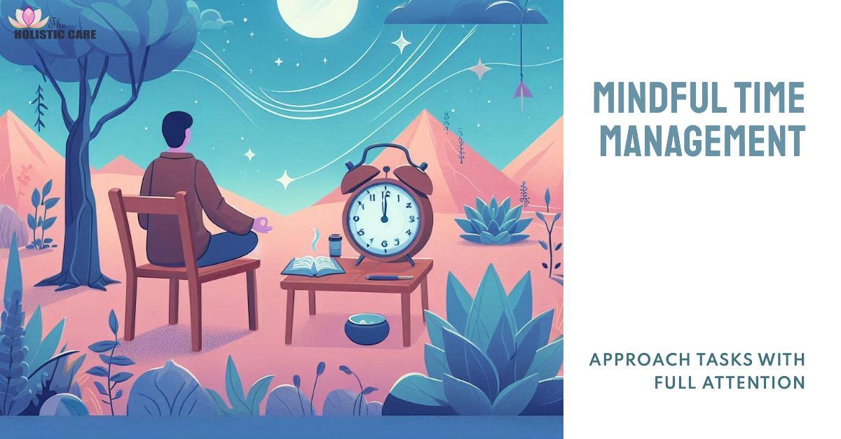 A calm desk with a planner and clock representing mindful time management