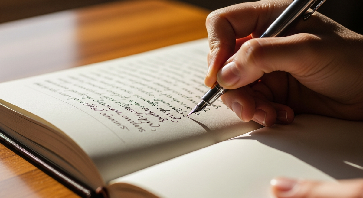An open notebook with a pen resting on a blank page, beside a single candle on a wooden desk