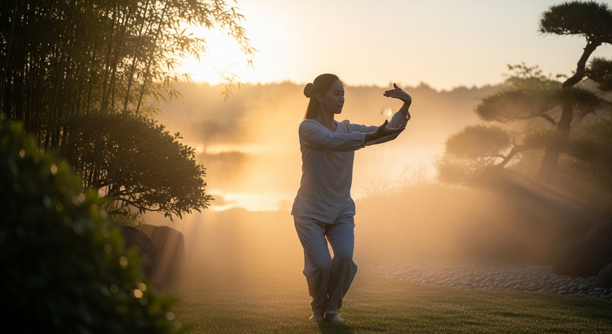 A practitioner standing in a Qigong posture outdoors alongside a yoga mat