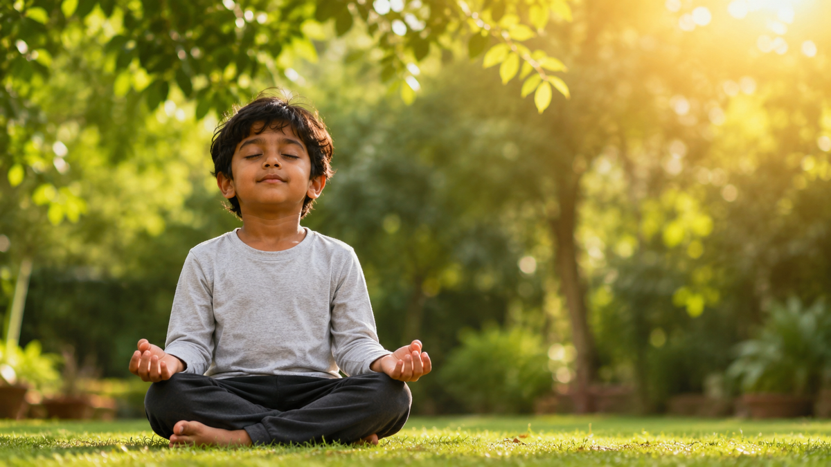 A child sitting cross-legged outdoors with eyes gently closed, practising mindful self-awareness
