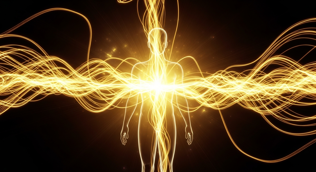 A human silhouette with luminous energy lines flowing through the body representing prana and meridian channels