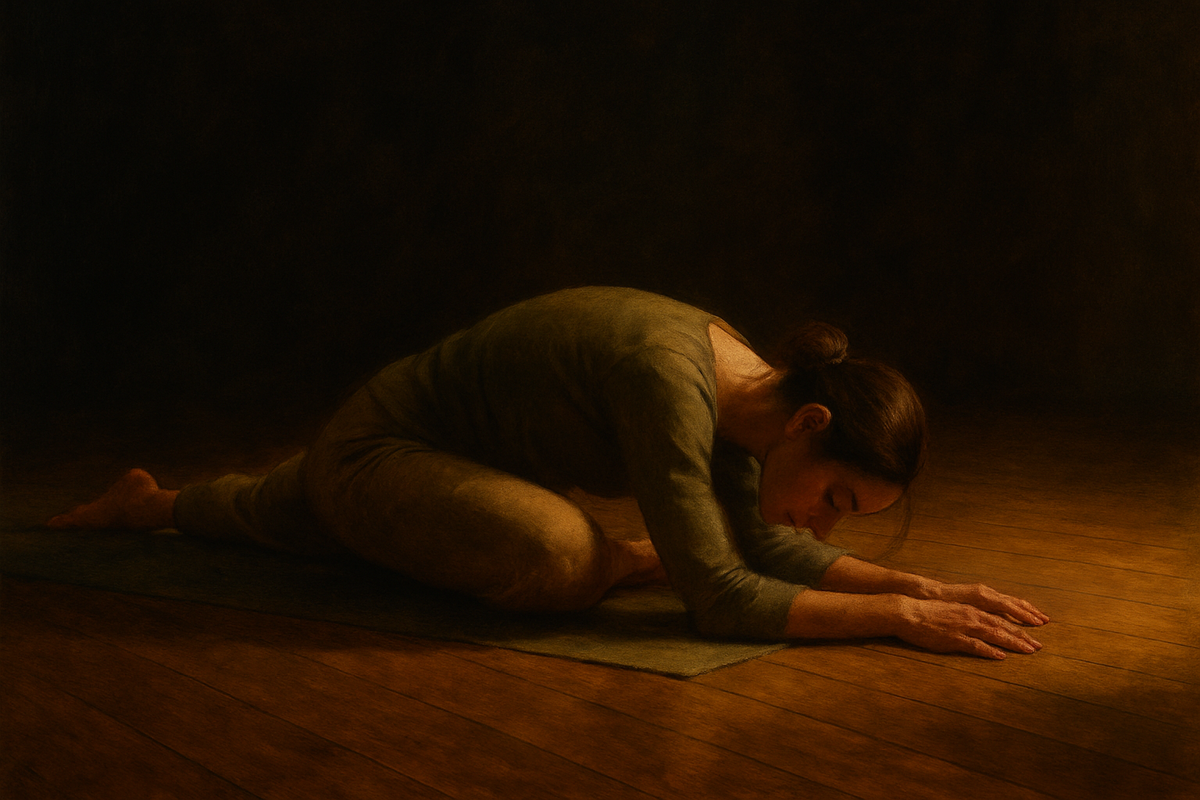 A yin yoga practitioner folded deeply into a dragon pose, held in sustained stillness on a wooden studio floor in warm evening light