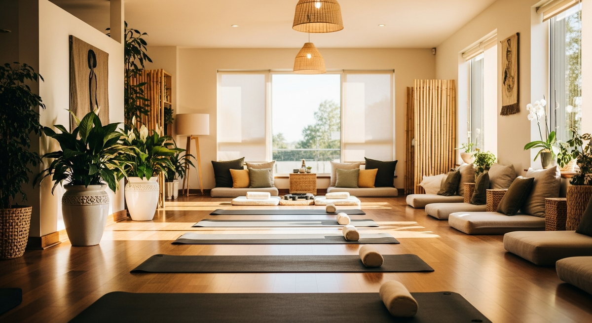 A calm wellness space with yoga mats, natural light, and plants