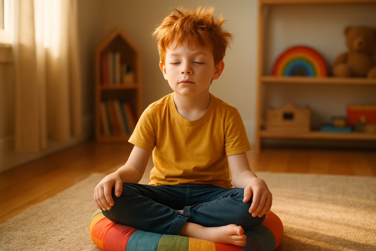 A child practising mindful breathing with gentle guidance from an adult