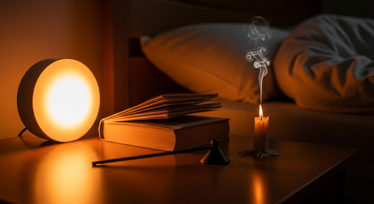 Calm bedroom with warm lighting, journal and cup of herbal tea on bedside table