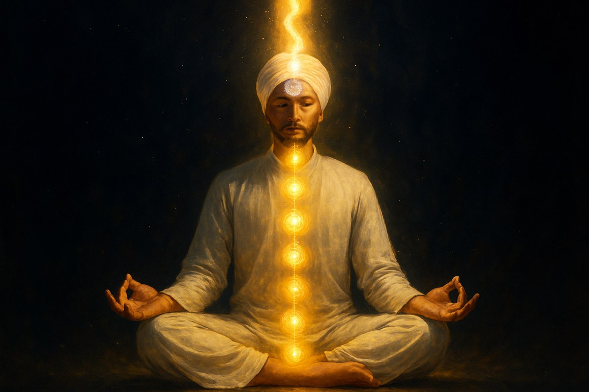 A Kundalini yoga practitioner in a white kurta with hands in Gyan mudra, golden energy rising along the spine against a deep midnight background