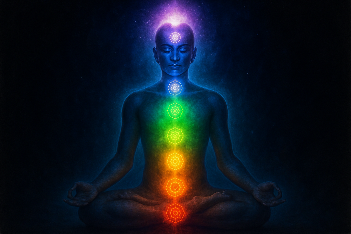 Seven luminous chakra centres aligned along the spine of a meditating figure — each glowing in its corresponding colour from red at the base to violet at the crown