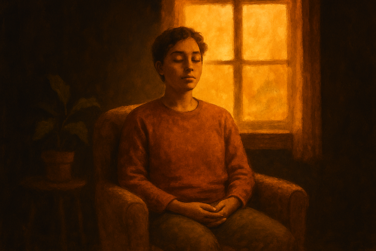 Una persona sentada en meditación pacífica por primera vez, guía de cómo meditar para principiantes