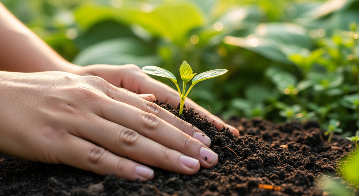 Hands pressing soil around a young green plant in a terracotta pot, surrounded by soft garden light