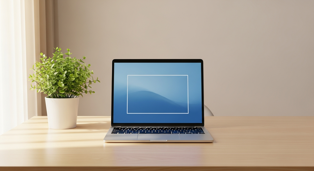 A clean minimal desk with a single laptop, a plant and a cup of tea, representing digital serenity