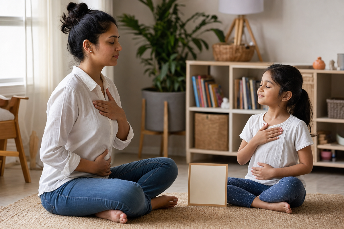 A parent and child practicing box breathing together at home