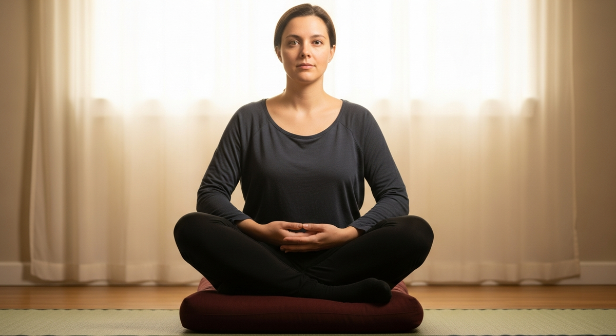 A person sitting with eyes closed, a thought bubble gently floating away, hands resting on knees