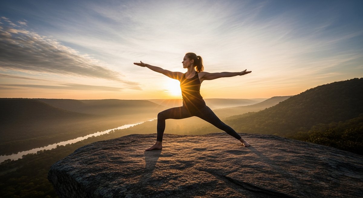 Eight yoga postures arranged in a clear sequence on a minimalist background