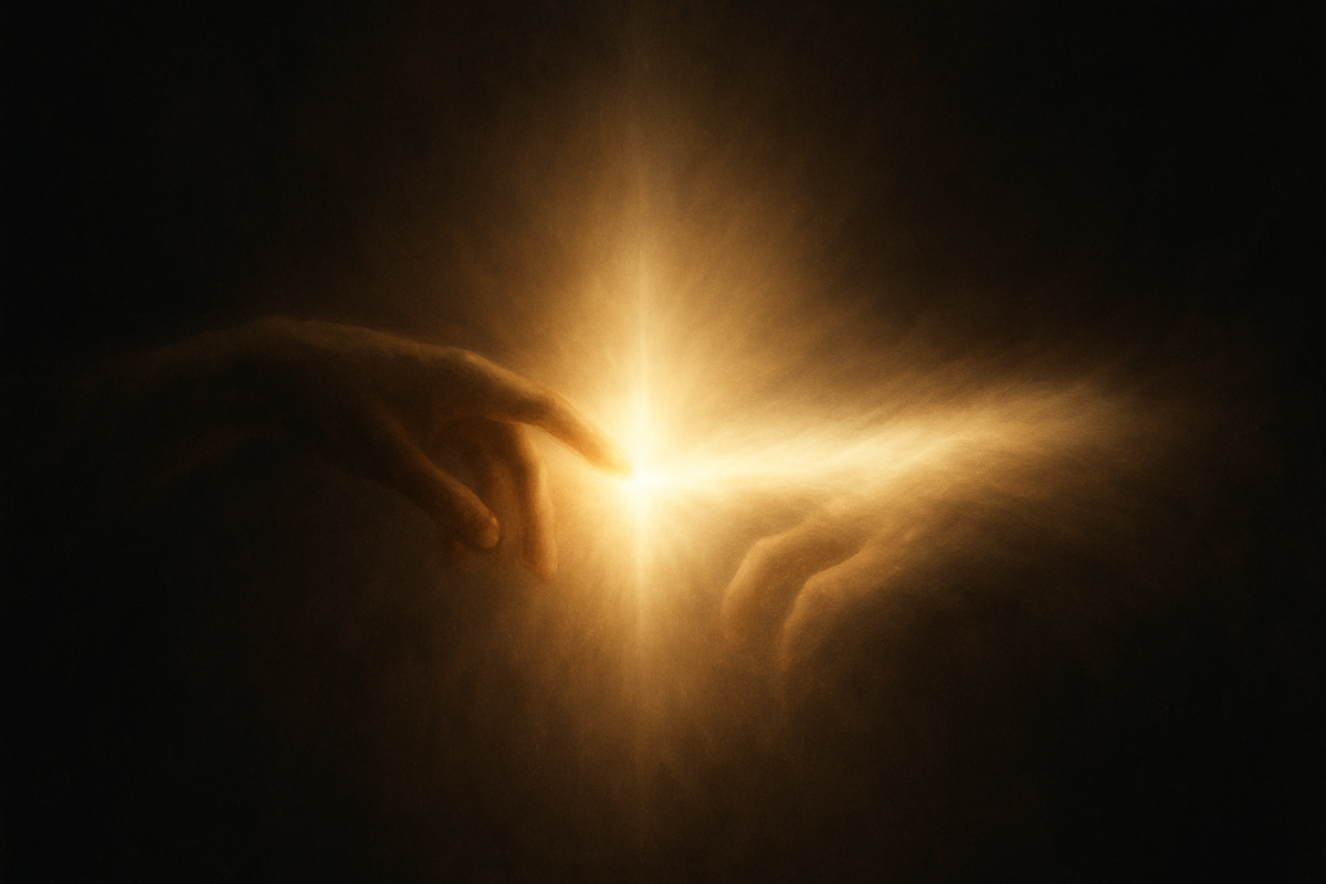 Two hands reaching toward each other, fingertips meeting in a point of brilliant golden light representing the unity beneath apparent duality