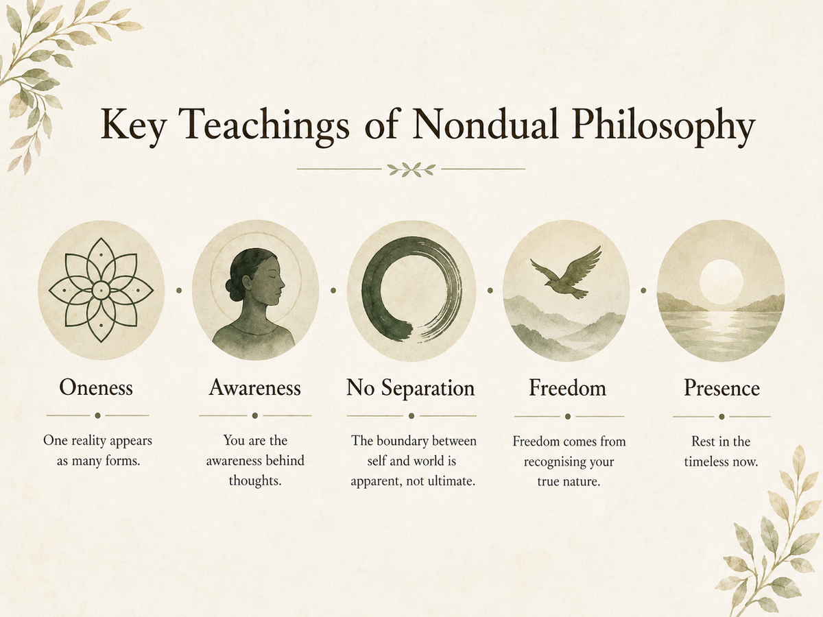 Key teachings of nondual philosophy: oneness, awareness, no separation, freedom and presence