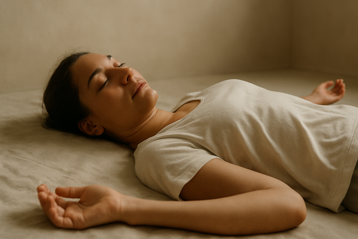 Person lying in savasana posture for NSDR or yoga nidra practice