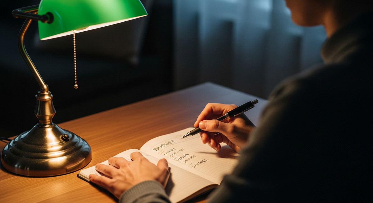 A person sitting quietly at a table with a notebook and a cup of tea, reflecting on their finances