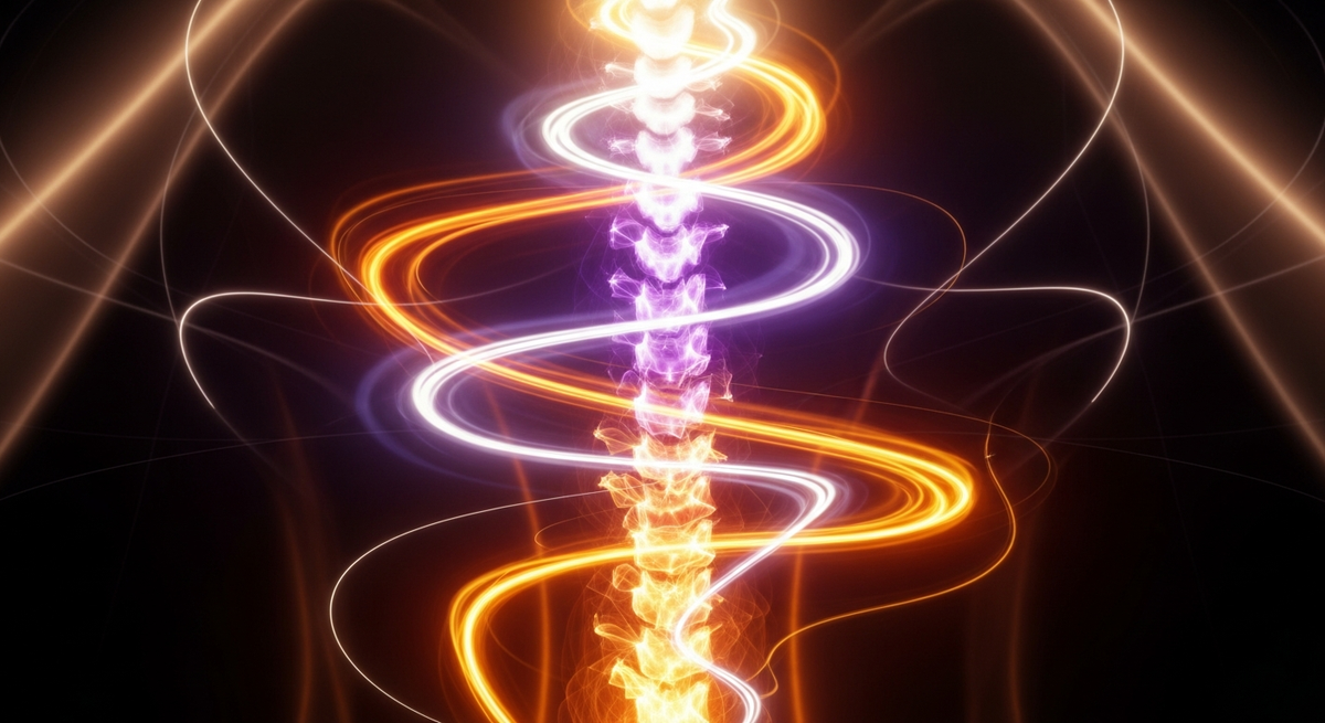 Light and energy depicted as rising through the spine during a Kundalini awakening