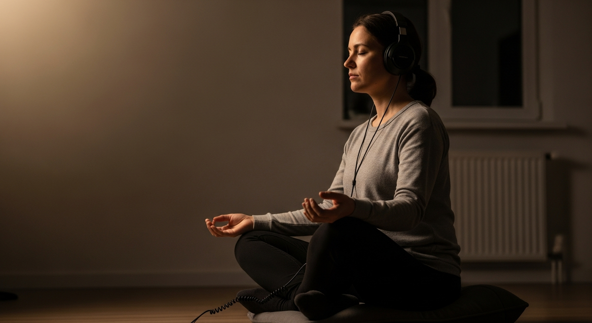 A person seated in a calm room with eyes closed and headphones on, surrounded by soft warm light