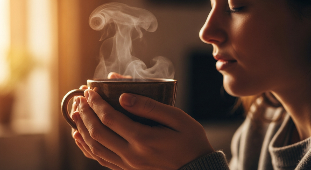 A warm cup of tea held in two hands with steam rising, surrounded by calm morning light