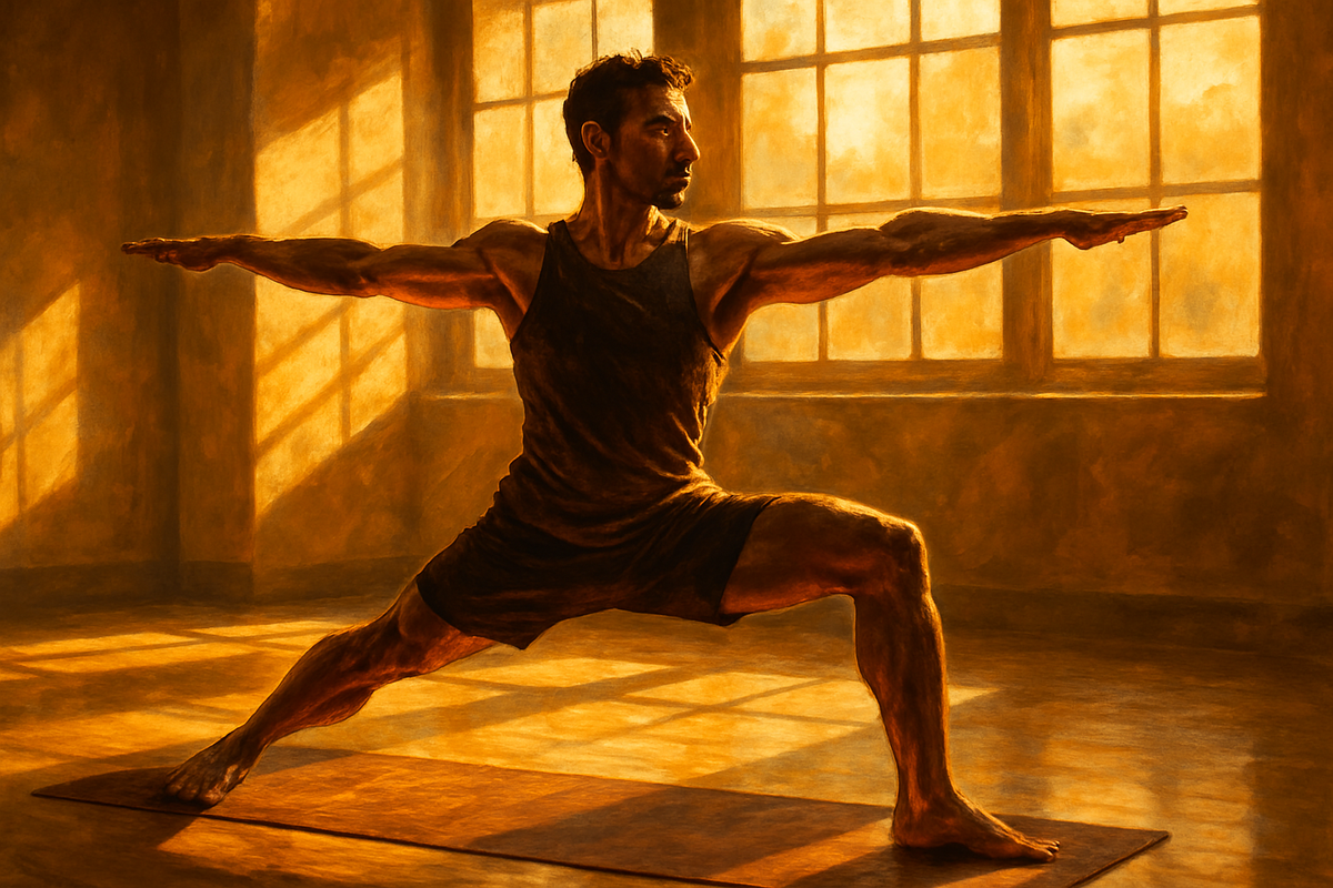 A yoga practitioner in a strong warrior II pose mid-flow in a sun-drenched studio, sweat visible, expression focused and calm