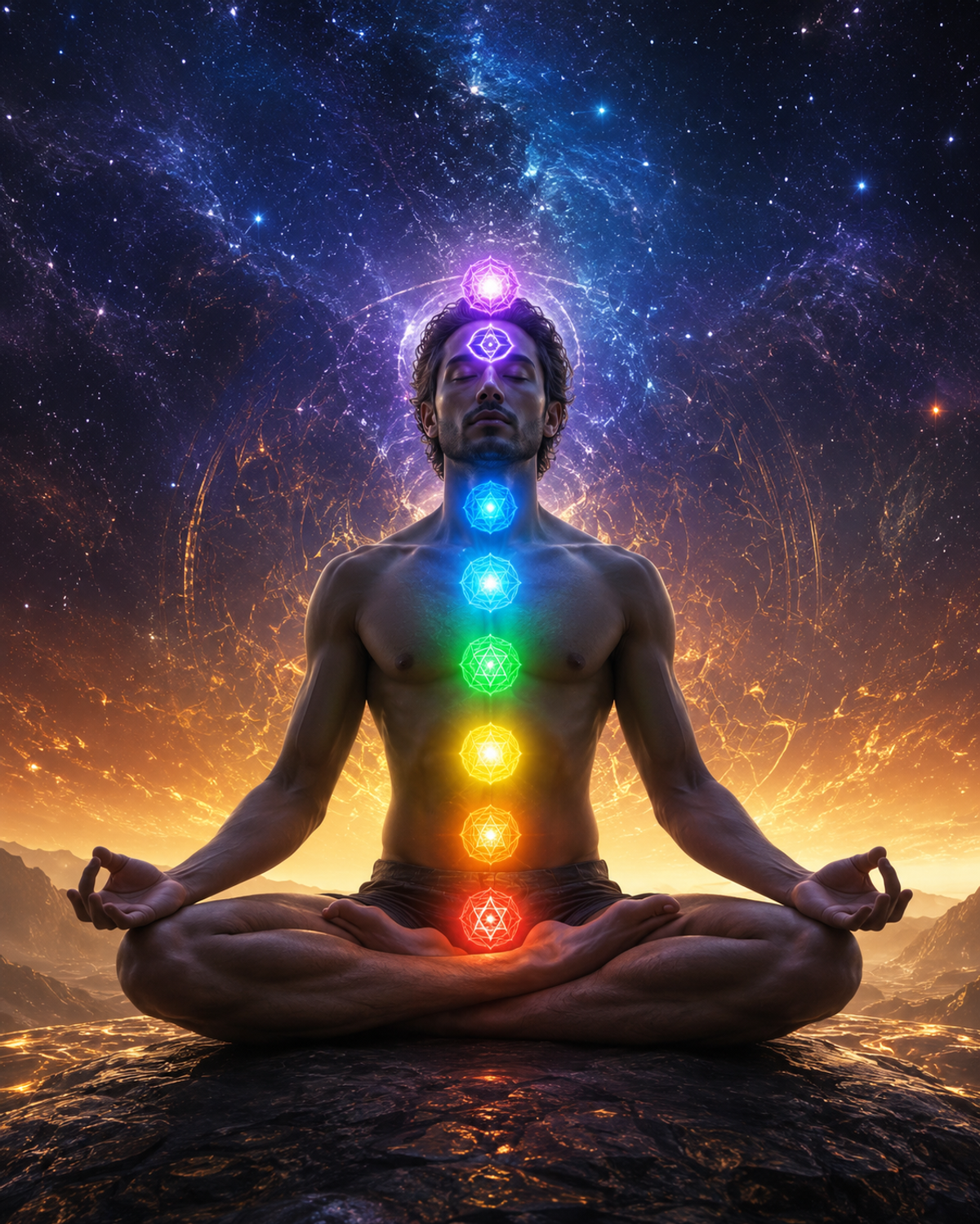 A meditating figure in lotus pose with seven glowing chakra energy centres illuminated along the spine