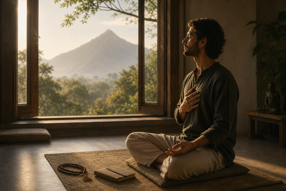 A meditator practising Who am I self-inquiry in a quiet room with soft morning light