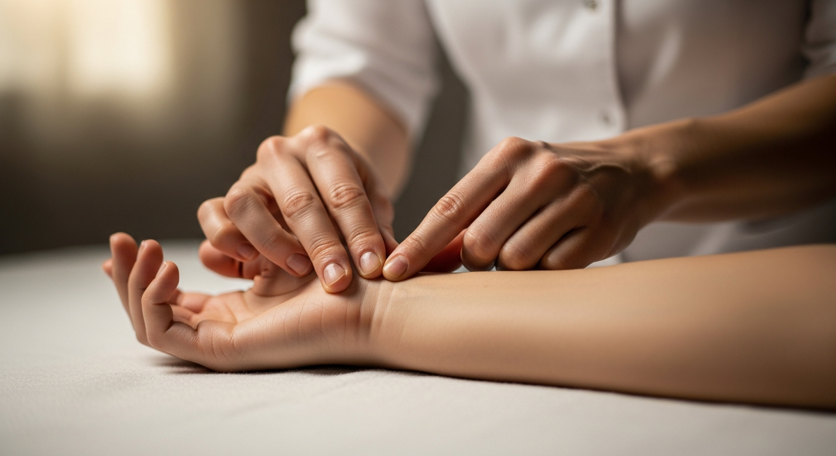 Close-up of acupuncture needles placed at points on a persons back