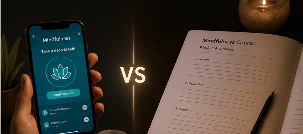 A split view comparing a mindfulness app on a phone versus a structured online mindfulness course