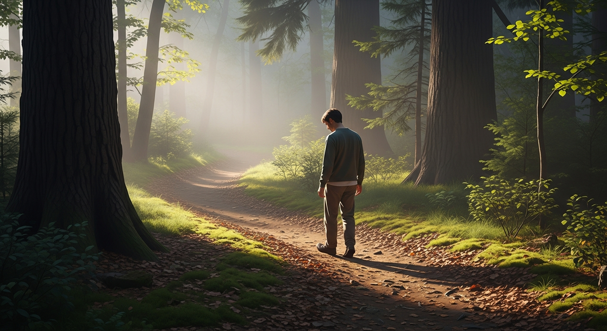 Person walking mindfully in nature with full awareness