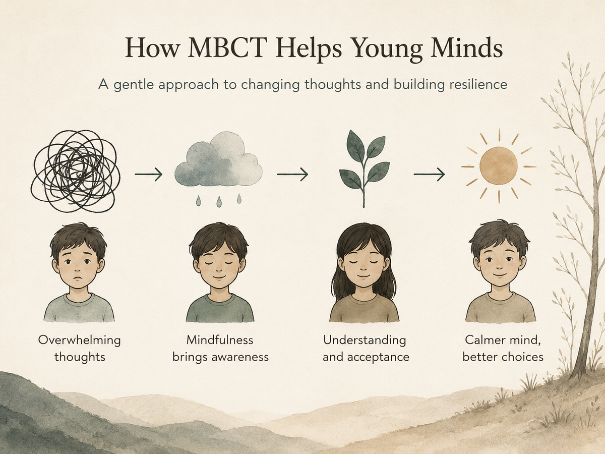 How MBCT helps young minds — gentle infographic showing the journey from overwhelming thoughts to calmer, more resilient choices