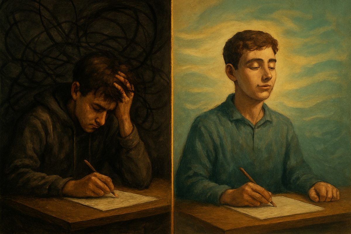 A student using mindfulness techniques to manage exam stress