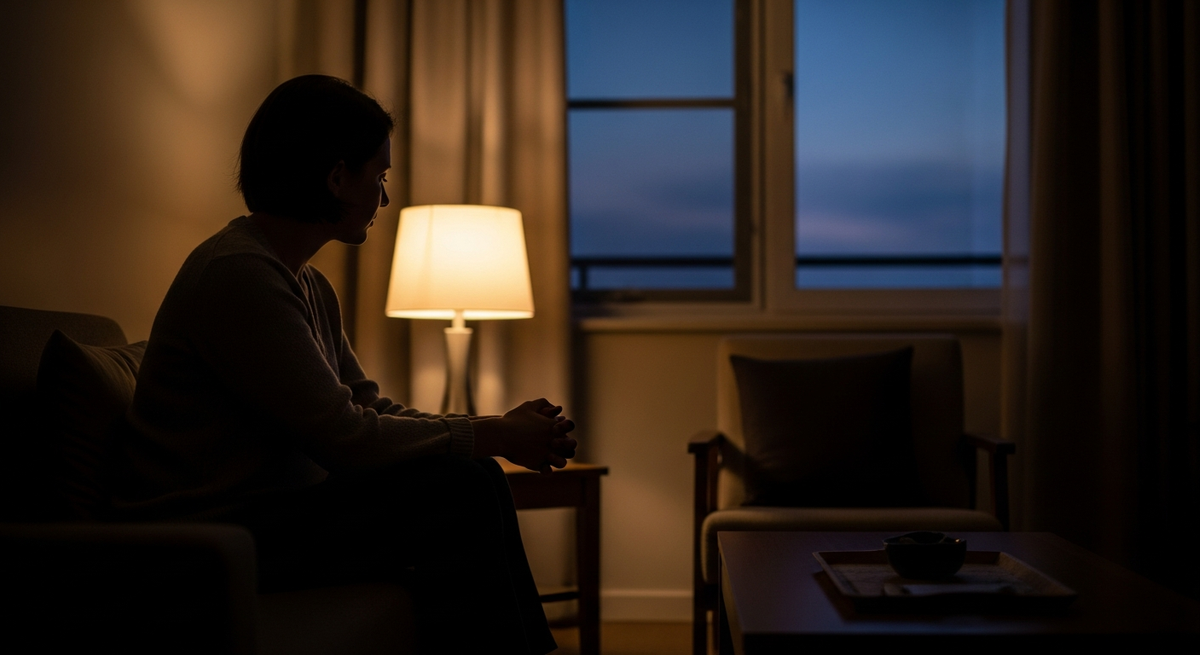 Soft lamp light beside a journal and candle on a bedside table, evening atmosphere