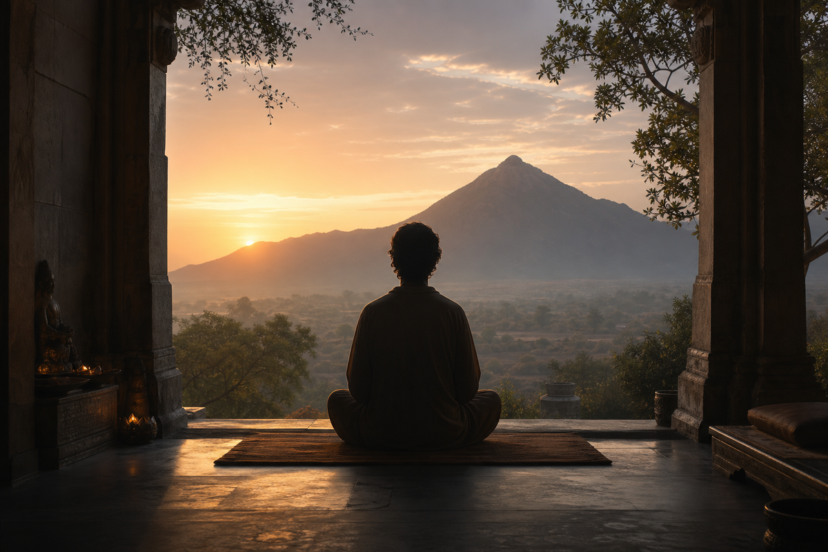 Self-inquiry meditation with Arunachala at dawn, symbolising Ramana Maharshi and the direct path of awareness