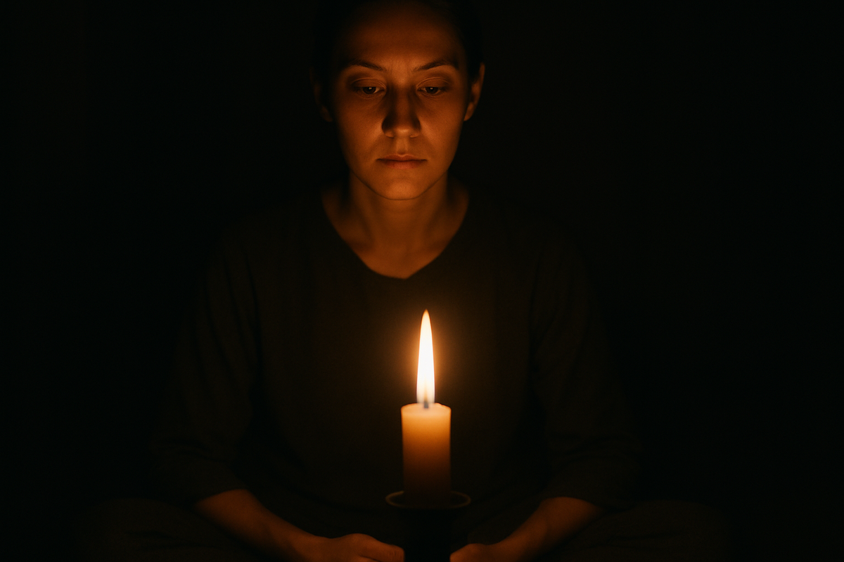 Person seated in deep concentration, eyes focused on a single point, representing dharana practice