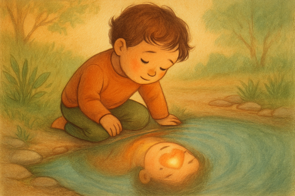 A child looking into a gently reflective surface, their inner world — a glowing heart — visible in the reflection