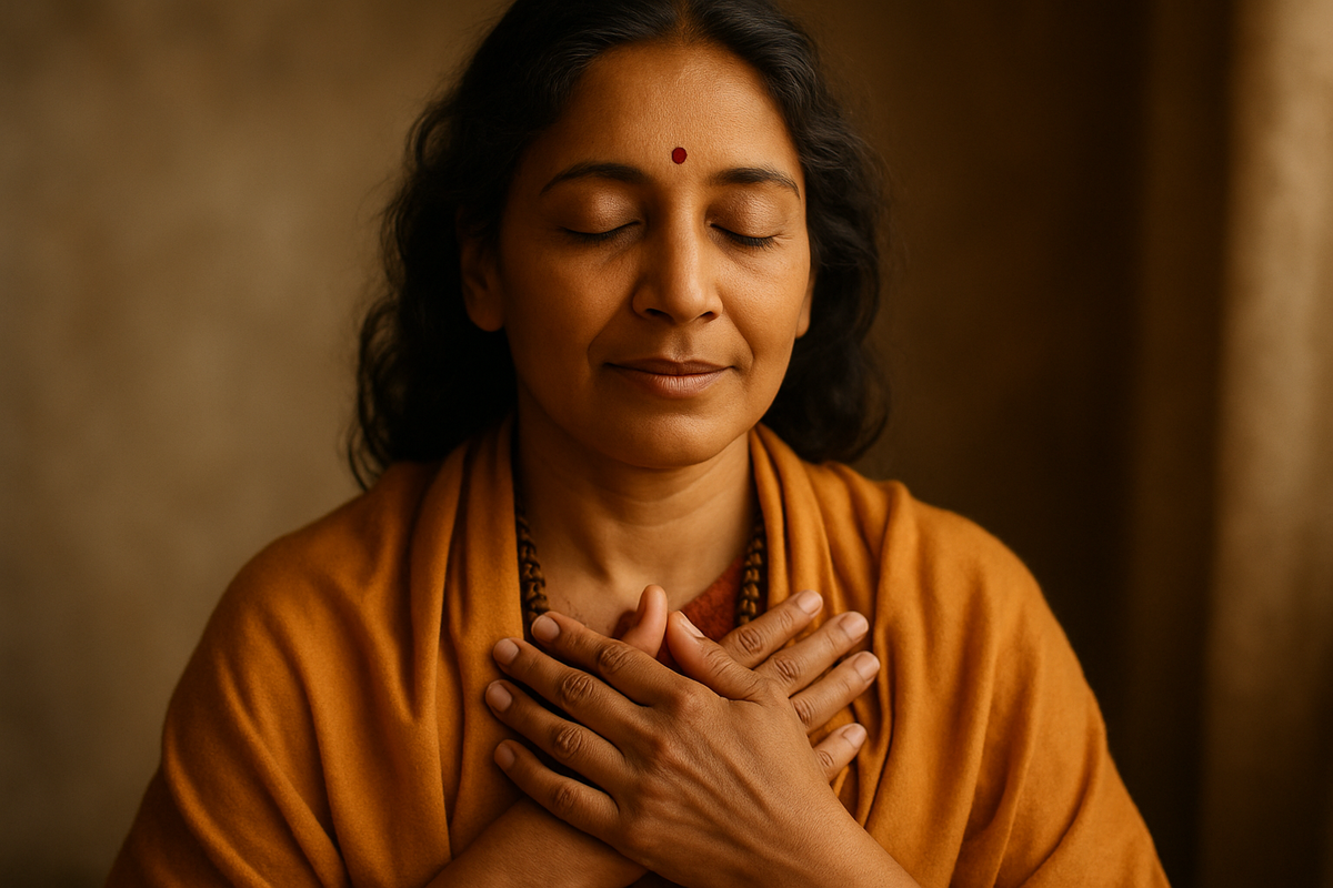 Hands pressed together in devotional prayer, representing the bhakti yoga path of love and surrender