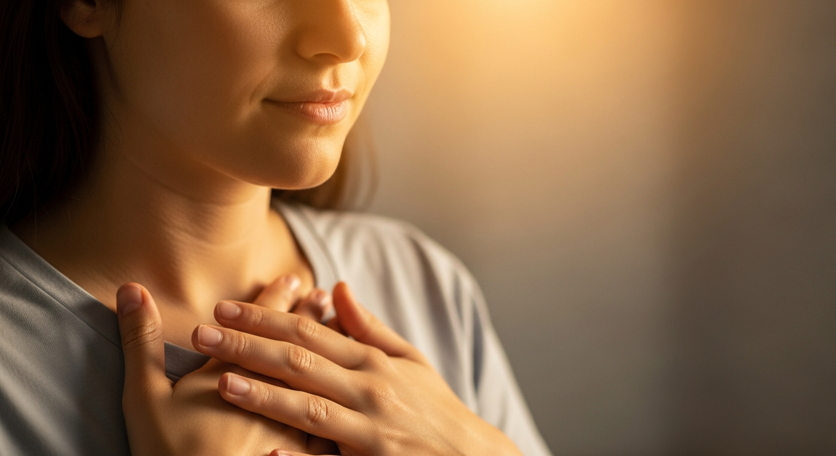 Person sitting quietly with hands on heart, expression of gentle attention