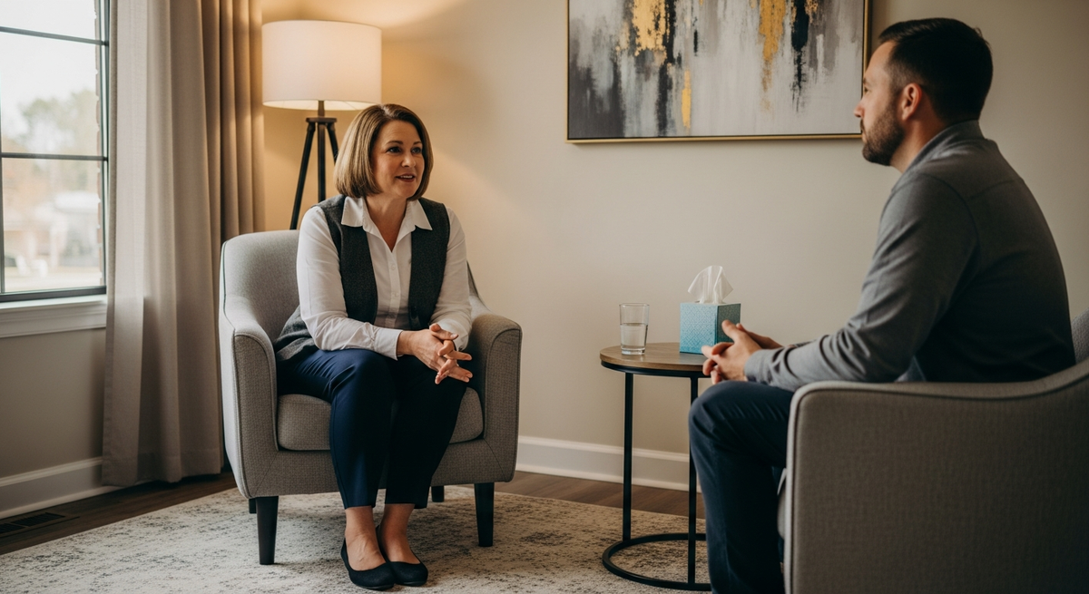 Two people in a calm therapy room in conversation