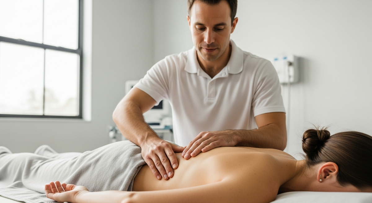 An osteopath assessing a patients spine and posture in a clinic setting