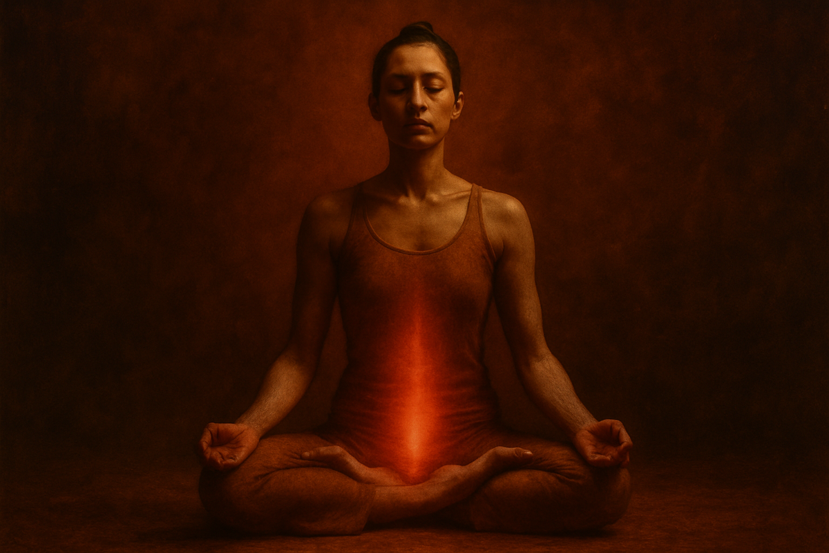 A person in a seated meditation posture demonstrating mula bandha engagement