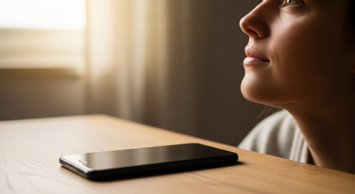 A phone placed face down on a wooden table beside a journal and a cup of tea, representing intentional technology use