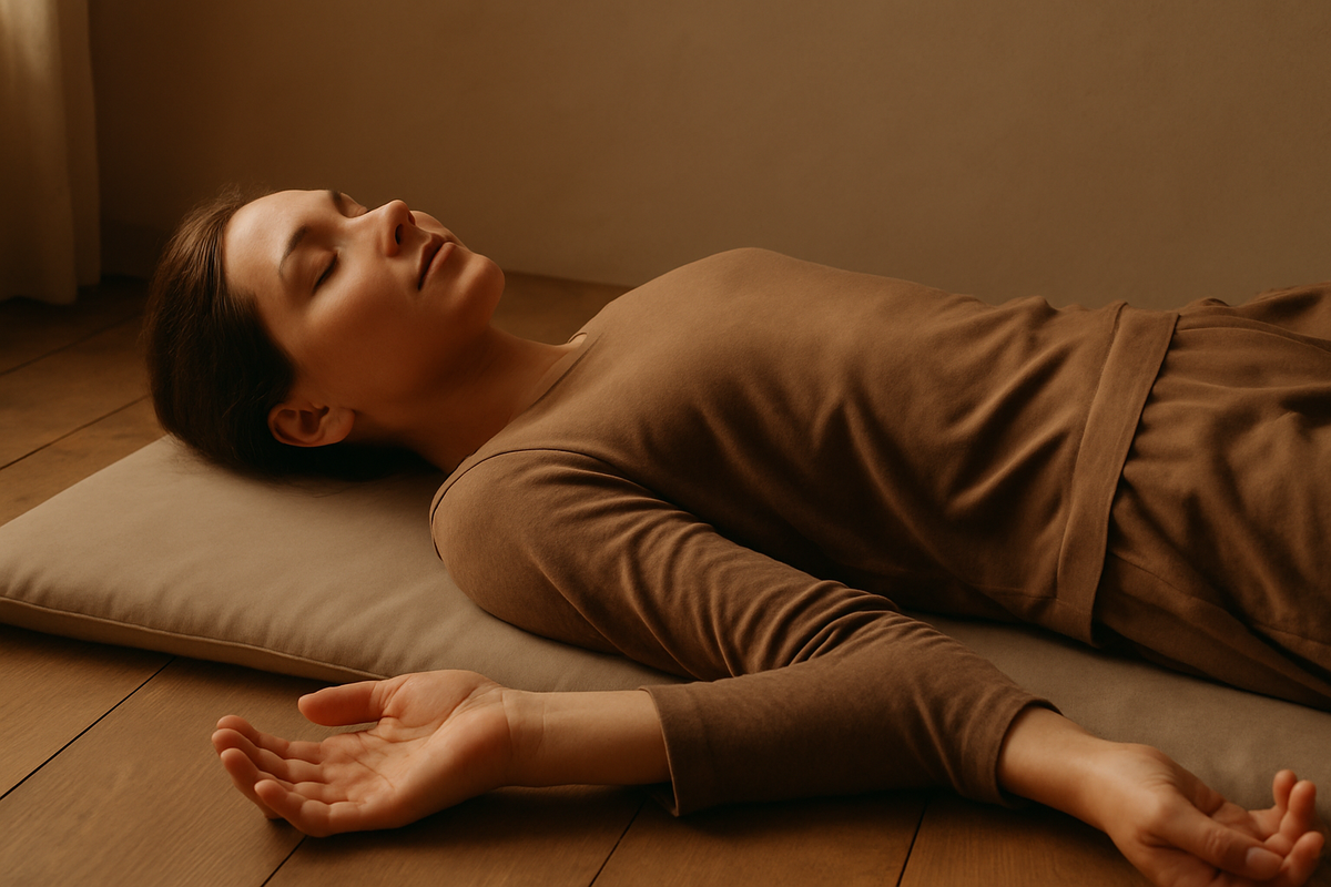 Person in a somatic therapy session, seated calmly with eyes closed