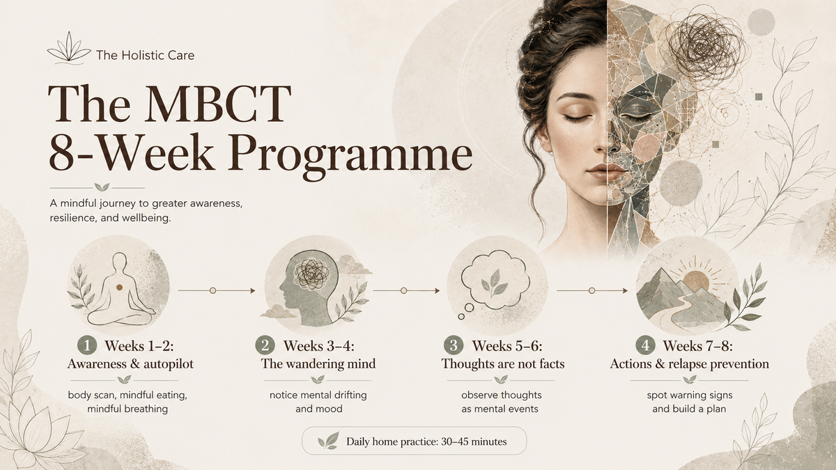 The MBCT 8-week programme explained — week by week structure from autopilot to relapse prevention