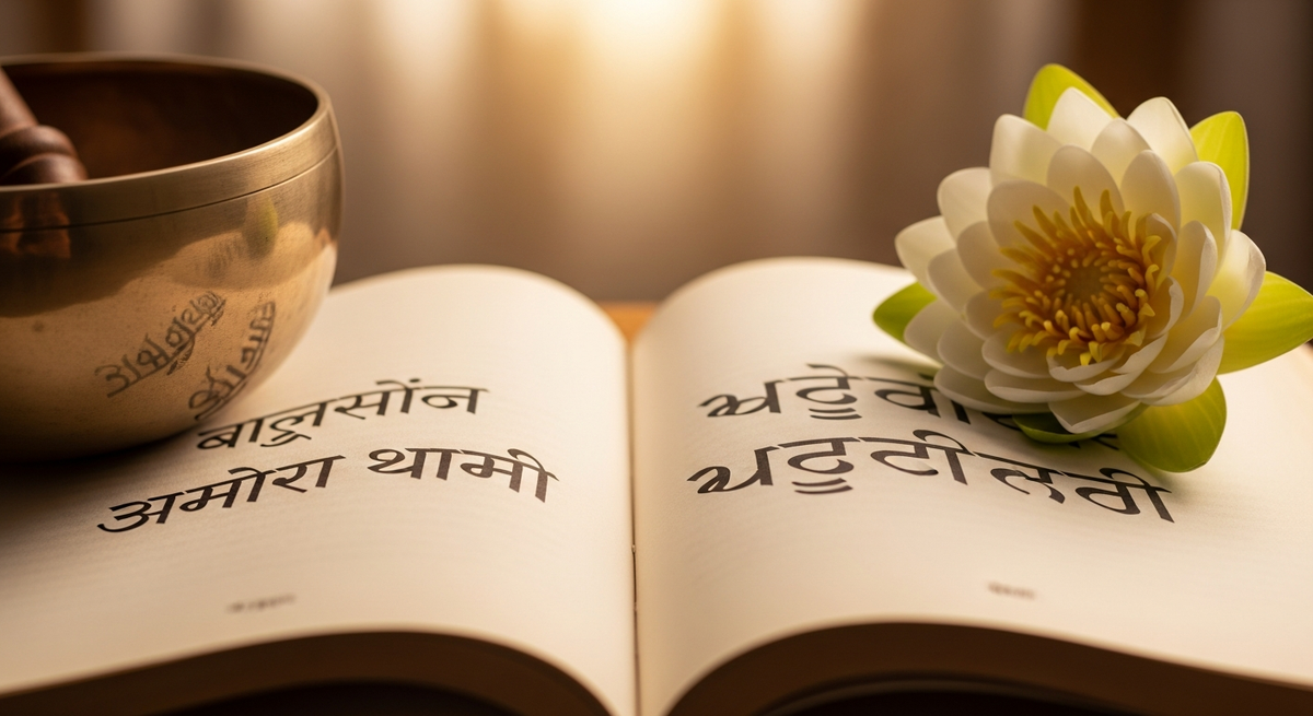 Sanskrit and Gurmukhi script alongside yoga practice materials