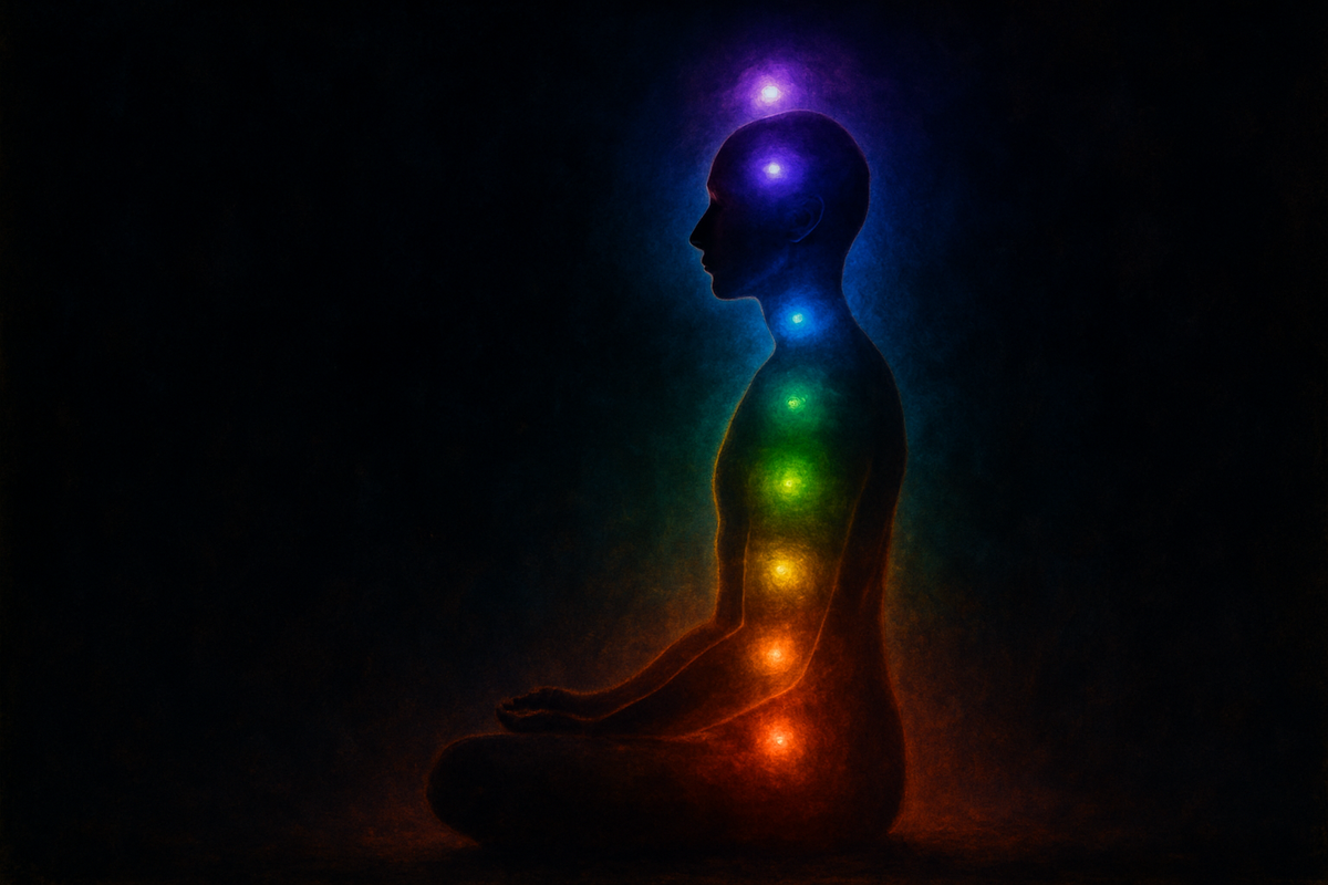 Diagram of the seven chakras aligned along the spine, from root to crown