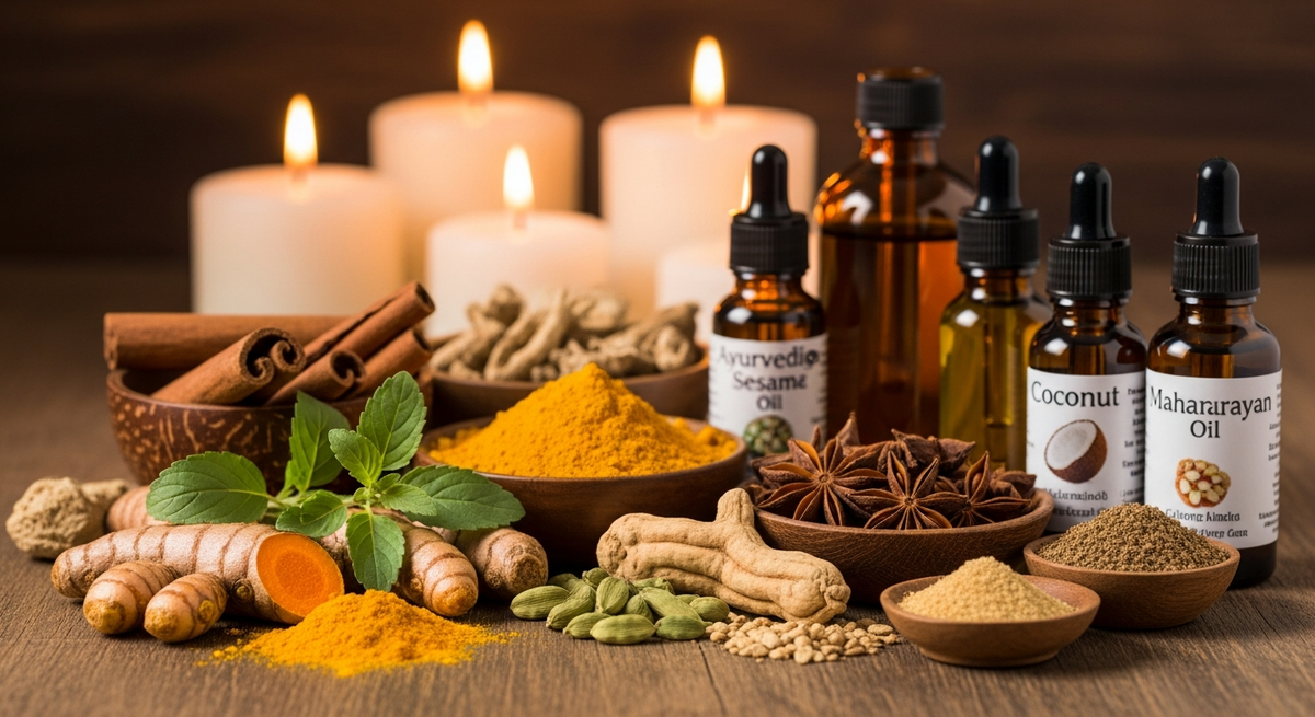 Ayurvedic herbs, oils and a mortar and pestle on a wooden surface