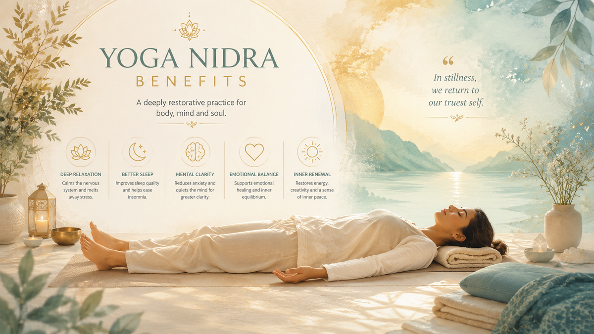 A person in savasana surrounded by soft golden and teal healing light — the deep rest of Yoga Nidra