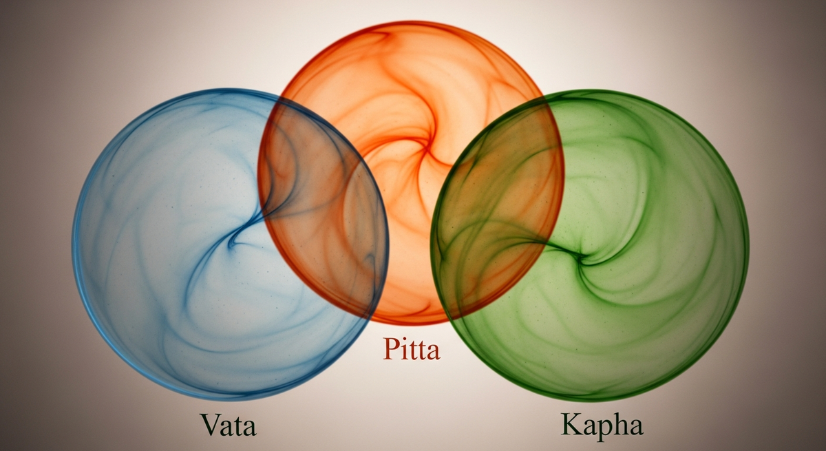 Three symbolic representations of the Ayurvedic doshas: air, fire and earth elements